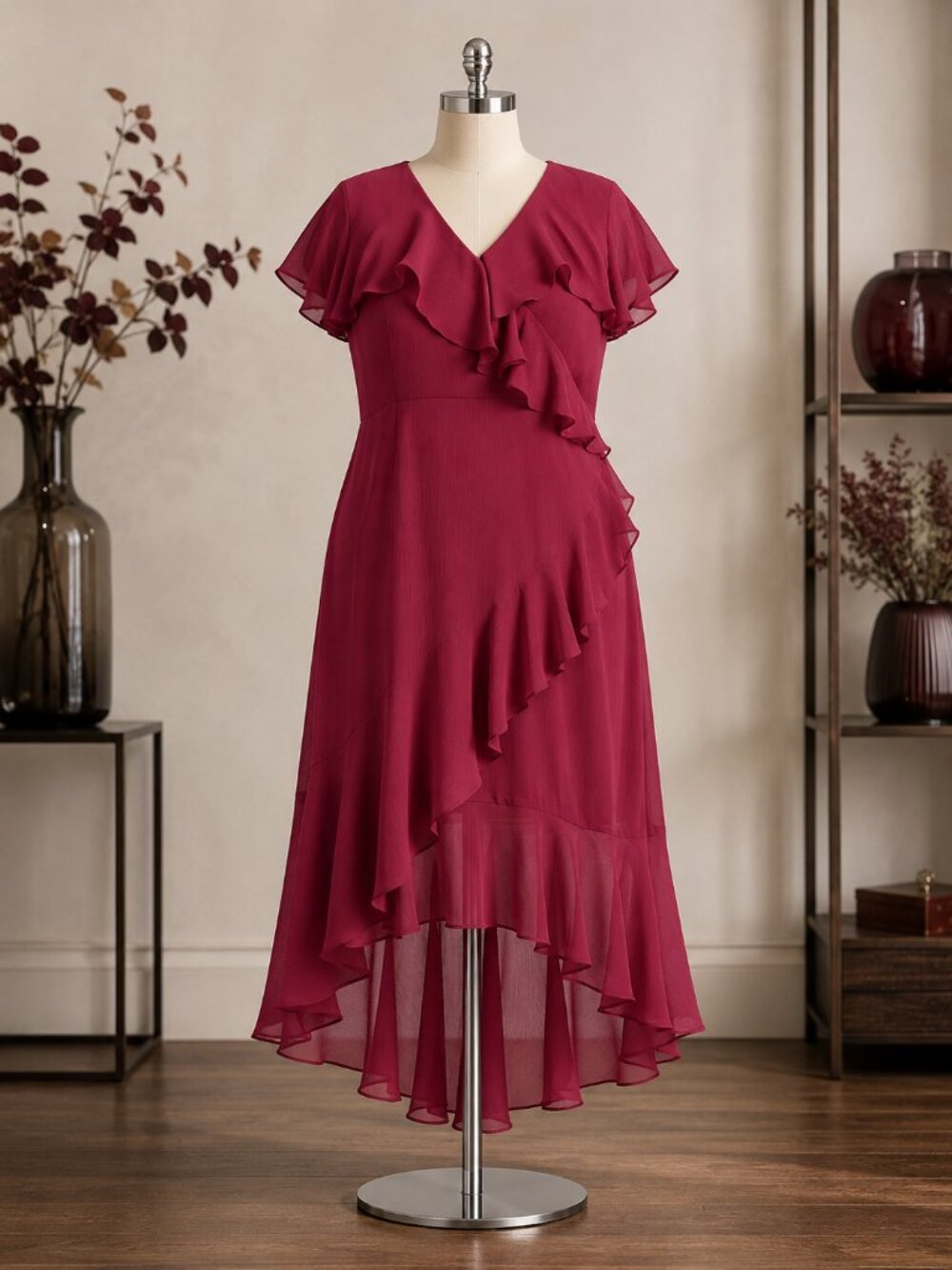 DKNY Plus Size 16W Burgundy Chiffon Ruffle High Low Midi Dress NWT
